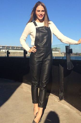 Women’s black soft lambskin leather utility belt waist jumpsuit sleeveless