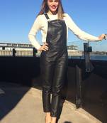 Women’s black soft lambskin leather utility belt waist jumpsuit sleeveless