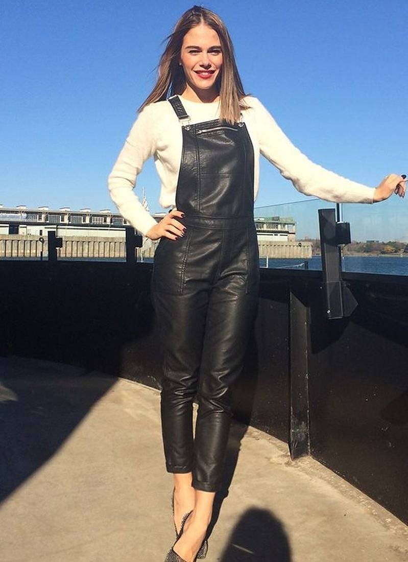 Women’s black soft lambskin leather utility belt waist jumpsuit sleeveless