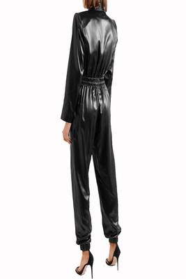 Women’s black soft lambskin leather utilitywaist lastic jumpsuit long sleeve 2