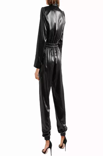 Women’s black soft lambskin leather utilitywaist lastic jumpsuit long sleeve