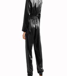 Women’s black soft lambskin leather utilitywaist lastic jumpsuit long sleeve