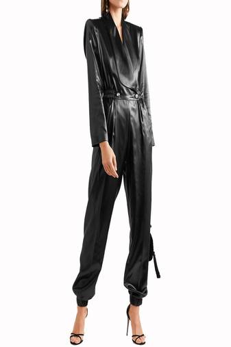Women’s black soft lambskin leather utilitywaist lastic jumpsuit long sleeve