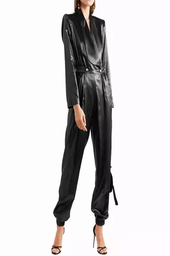 Women’s black soft lambskin leather utilitywaist lastic jumpsuit long sleeve