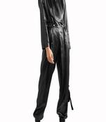 Women’s black soft lambskin leather utilitywaist lastic jumpsuit long sleeve