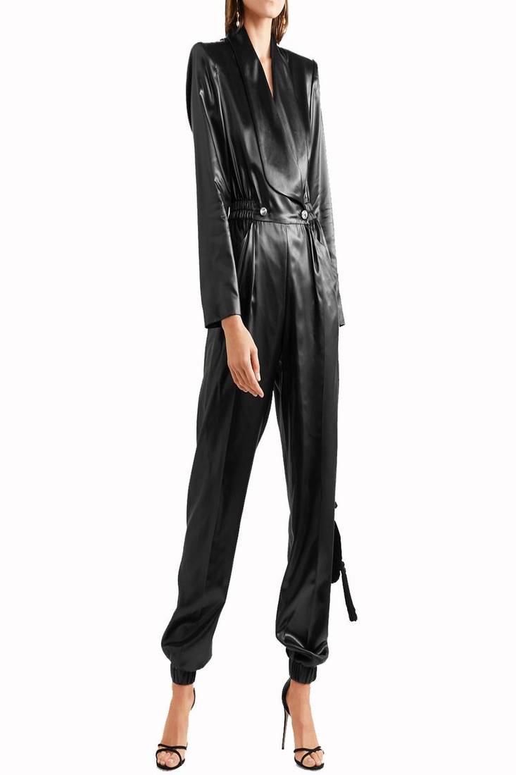 Women’s black soft lambskin leather utilitywaist lastic jumpsuit long sleeve