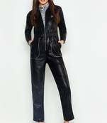 Women’s black soft lambskin leather utility jumpsuit front zipper