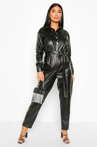 Women’s black soft lambskin leather utility jumpsuit front button