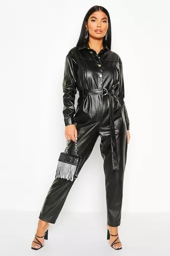 Women’s black soft lambskin leather utility jumpsuit front button