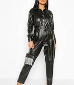 Women’s black soft lambskin leather utility jumpsuit front button