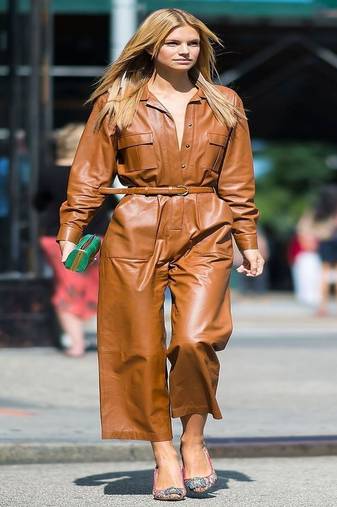 Women’s brown soft lambskin leather utility jumpsuit front button
