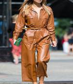 Women’s brown soft lambskin leather utility jumpsuit front button