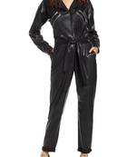 Women’s black soft lambskin leather utility long sleeve jumpsuit