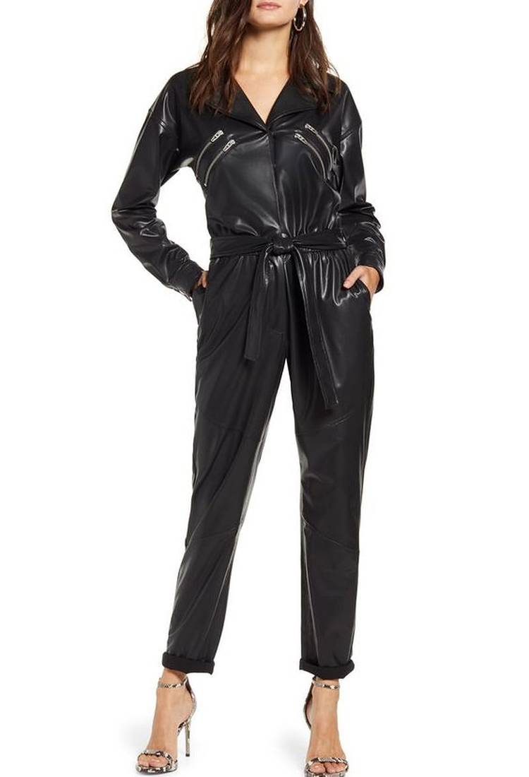 Women’s black soft lambskin leather utility long sleeve jumpsuit