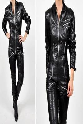 Women’s black soft lambskin leather utility zipper biker jumpsuit 1
