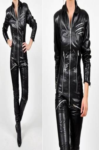 Women’s black soft lambskin leather utility zipper biker jumpsuit
