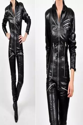 Women’s black soft lambskin leather utility zipper biker jumpsuit