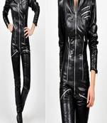 Women’s black soft lambskin leather utility zipper biker jumpsuit