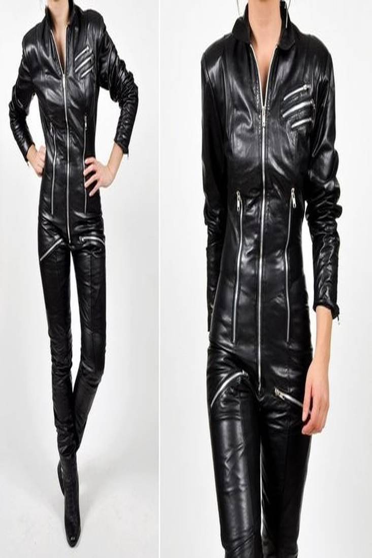 Women’s black soft lambskin leather utility zipper biker jumpsuit