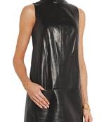 Women’s genuine lambskin black dresshigh-neck dress