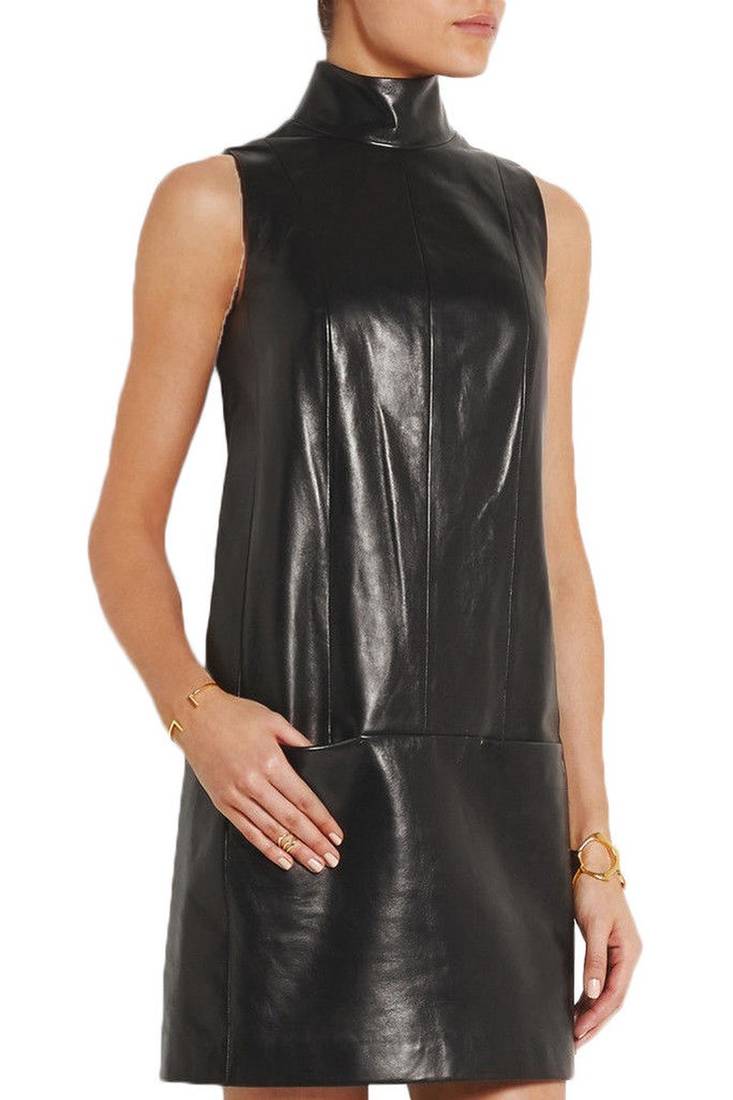 Women’s genuine lambskin black dresshigh-neck dress