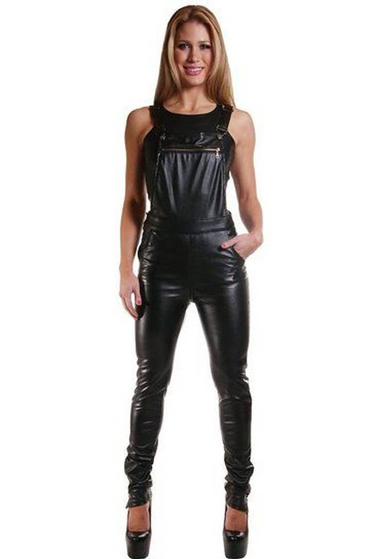 Women’s black soft lambskin leather utility sleeveless jumpsuit