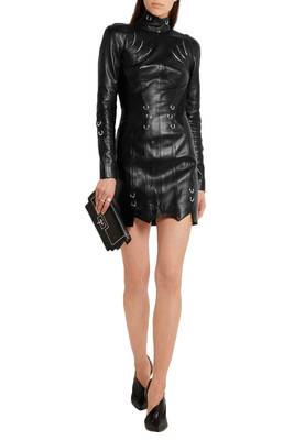 Women’s genuine lambskin black dresshigh-neck dress 1