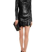 Women’s genuine lambskin black dresshigh-neck dress
