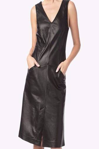 Women’s genuine lambskin black dressv-neck dress