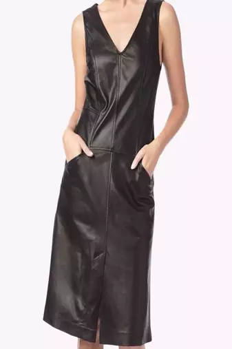 Women’s genuine lambskin black dressv-neck dress