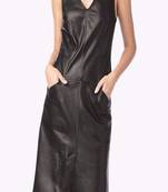 Women’s genuine lambskin black dressv-neck dress