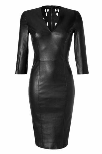 Women’s genuine lambskin black dress v-neck dress