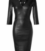 Women’s genuine lambskin black dress v-neck dress