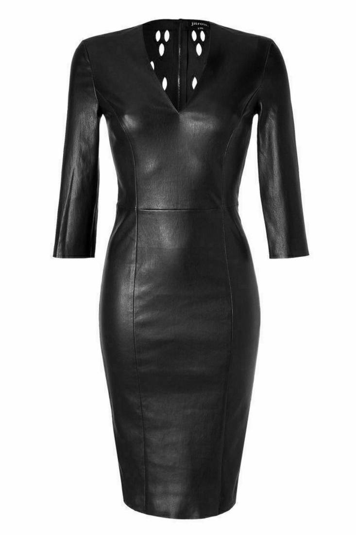 Women’s genuine lambskin black dress v-neck dress