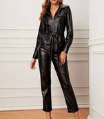 Women’s black soft lambskin leather utility long sleeve stylish jumpsuit