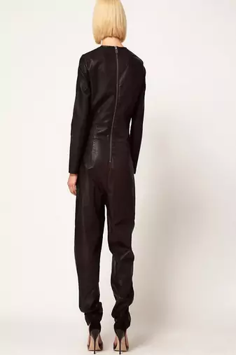 Women’s black soft lambskin leather utility long sleeve stylish jumpsuit