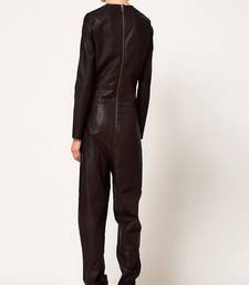 Women’s black soft lambskin leather utility long sleeve stylish jumpsuit