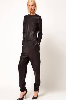 Women’s black soft lambskin leather utility long sleeve stylish jumpsuit 1