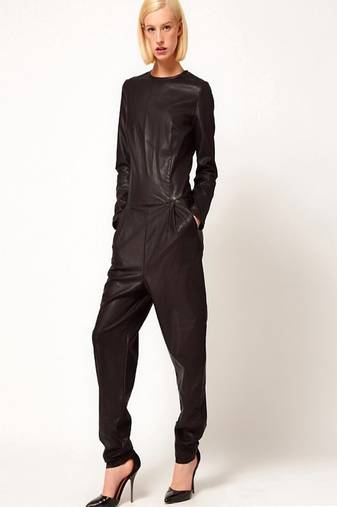 Women’s black soft lambskin leather utility long sleeve stylish jumpsuit