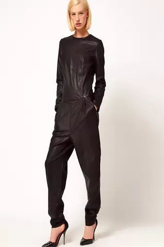 Women’s black soft lambskin leather utility long sleeve stylish jumpsuit