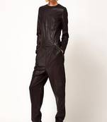 Women’s black soft lambskin leather utility long sleeve stylish jumpsuit