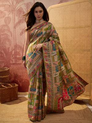 Green viscose silk position print saree with contrast blouse piece 1
