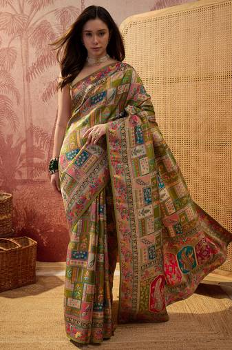 Green viscose silk position print saree with contrast blouse piece