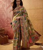 Green viscose silk position print saree with contrast blouse piece