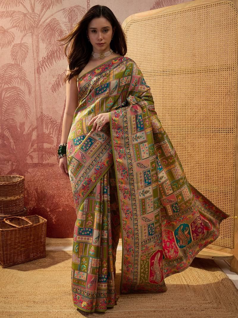 Green viscose silk position print saree with contrast blouse piece
