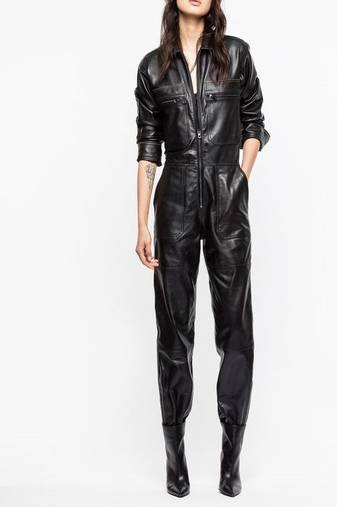 Women’s black soft lambskin leather utility bust pocket stylish jumpsuit