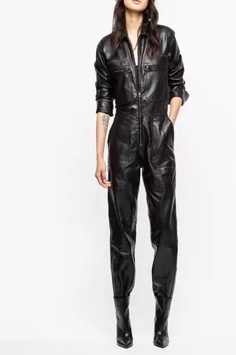 Women’s black soft lambskin leather utility bust pocket stylish jumpsuit