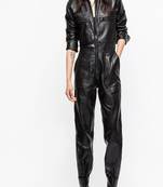 Women’s black soft lambskin leather utility bust pocket stylish jumpsuit