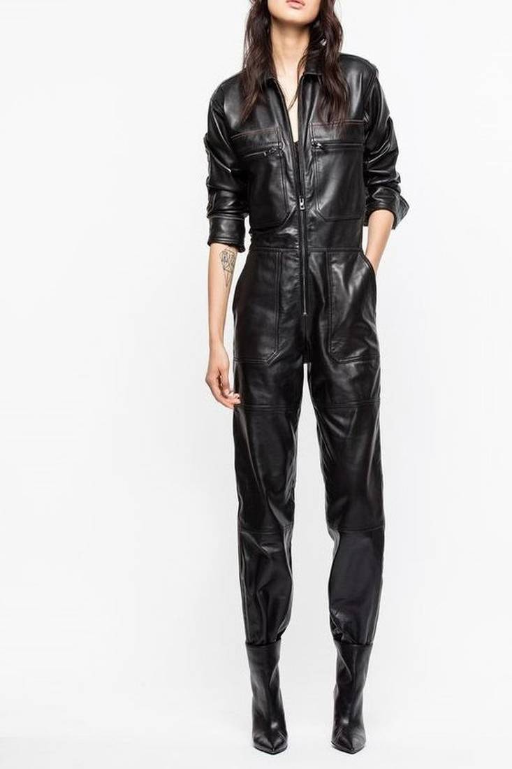 Women’s black soft lambskin leather utility bust pocket stylish jumpsuit