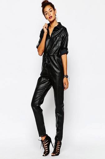 Women’s black soft lambskin leather utility stylish jumpsuit